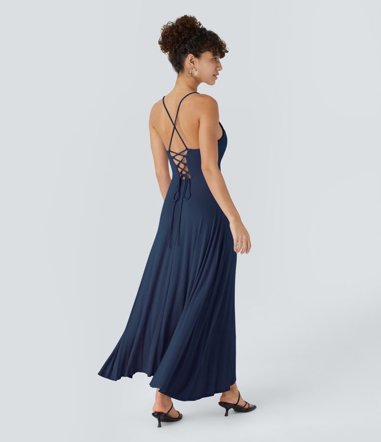 VIOLETTA - Vestido midi de canalé con cuello vuelto y cordones
