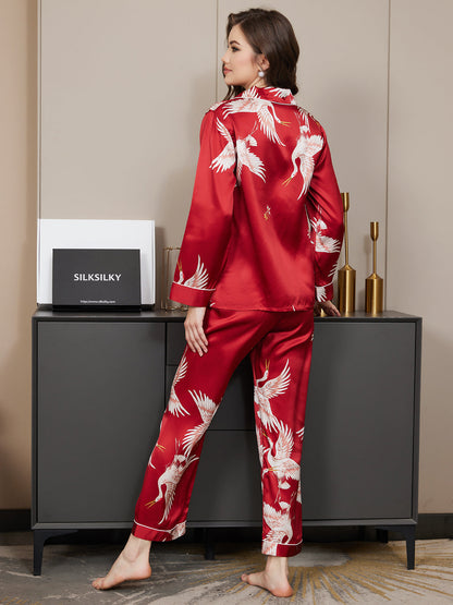 Conjunto de pijama para mujer con ribete clásico estampado de seda pura