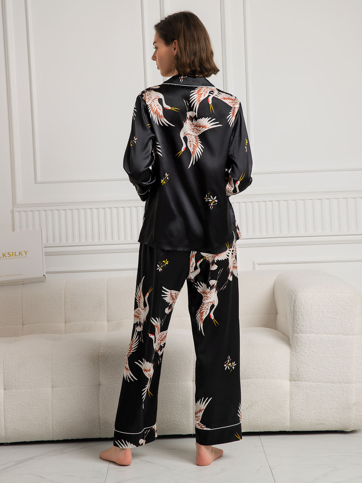 Conjunto de pijama para mujer con ribete clásico estampado de seda pura