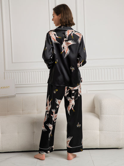 Conjunto de pijama para mujer con ribete clásico estampado de seda pura