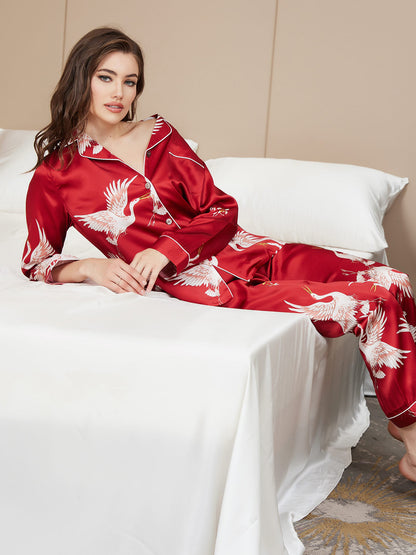 Conjunto de pijama para mujer con ribete clásico estampado de seda pura