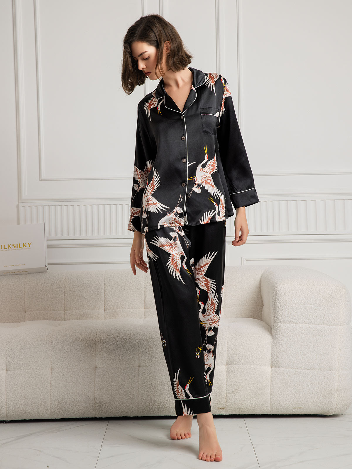 Conjunto de pijama para mujer con ribete clásico estampado de seda pura