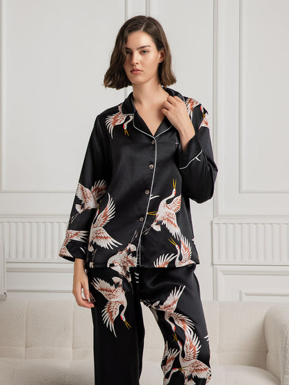 Conjunto de pijama para mujer con ribete clásico estampado de seda pura