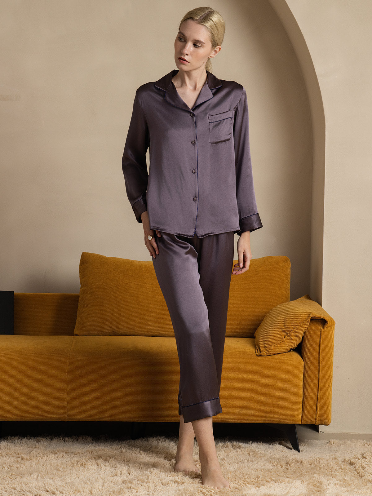 Conjunto de pijama clásico largo para mujer 100 % seda de morera