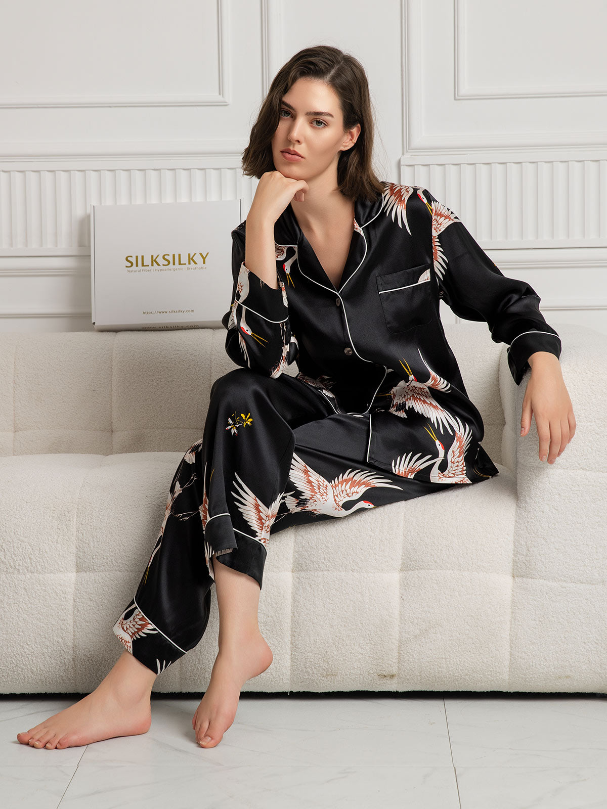 Conjunto de pijama para mujer con ribete clásico estampado de seda pura