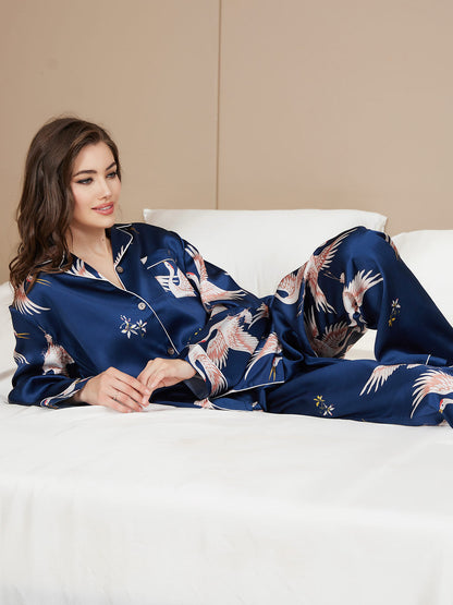 Conjunto de pijama para mujer con ribete clásico estampado de seda pura