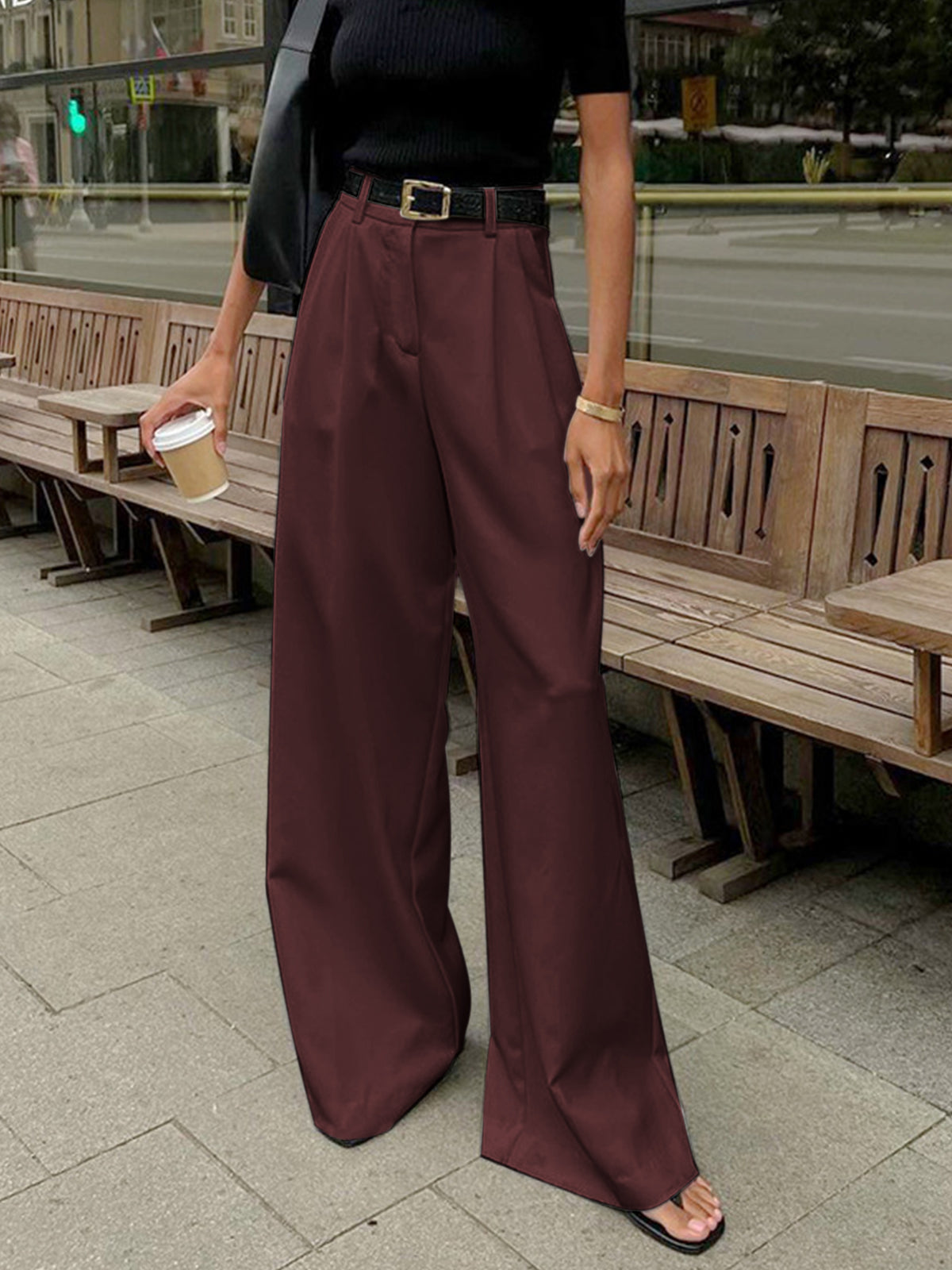Pantalones anchos lisos sin cinturón