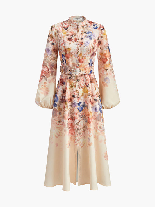 Vestido floral con mangas globo y cinturón