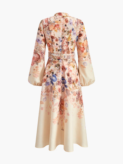 Vestido floral con mangas globo y cinturón