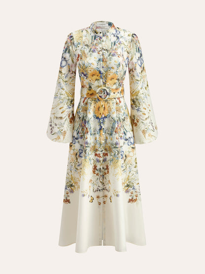 Vestido floral con mangas globo y cinturón