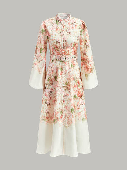 Vestido floral con mangas globo y cinturón