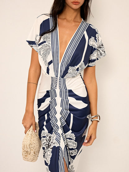 Vestido midi estampado con escote en V profundo y sin cinturón