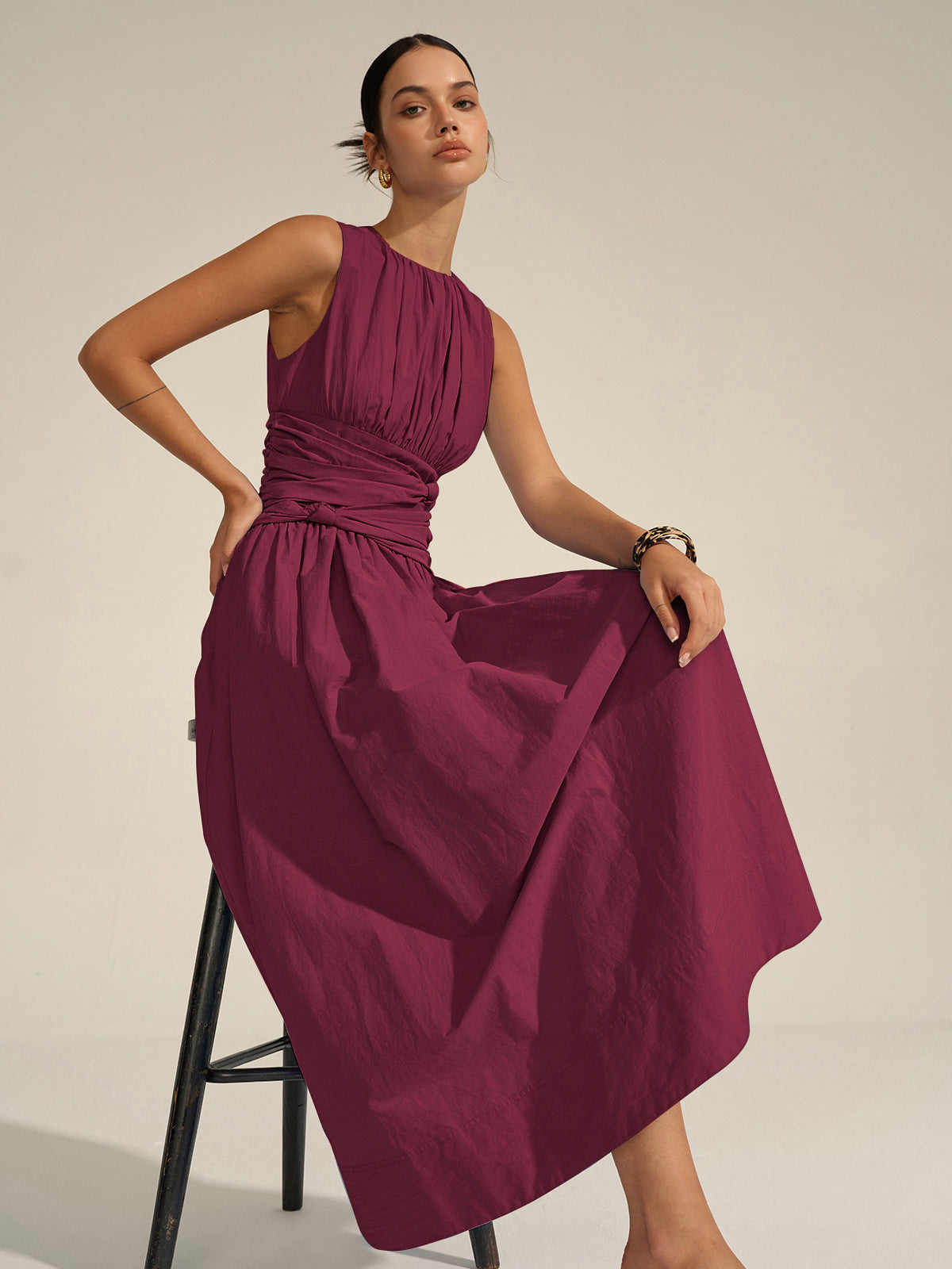 Vestido largo con cintura fruncida