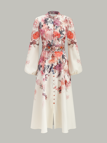 Vestido floral con mangas globo y cinturón