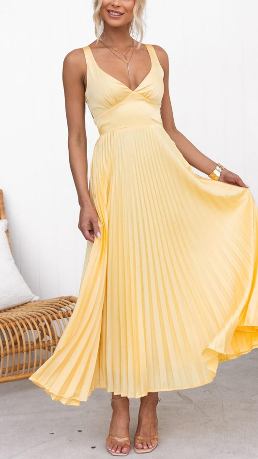 Eline | Elegante abito lungo con scollo a V e gonna plissettata