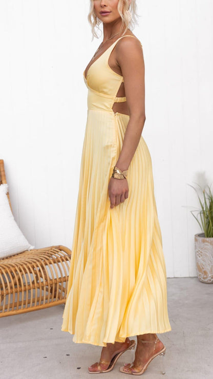 Eline | Elegante vestido largo con escote en V y falda plisada.