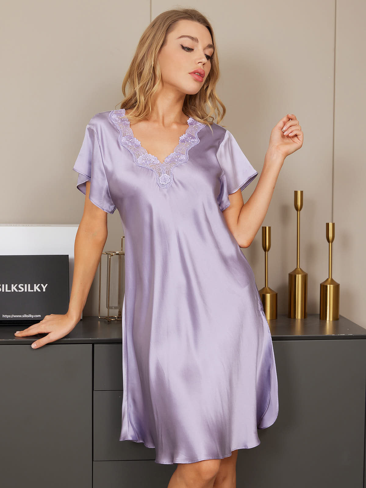 Camisón sexy con abertura lateral de seda pura