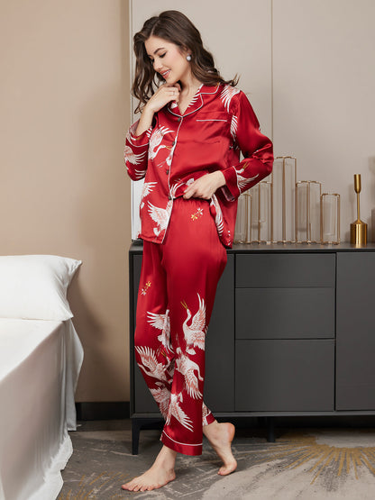 Conjunto de pijama para mujer con ribete clásico estampado de seda pura