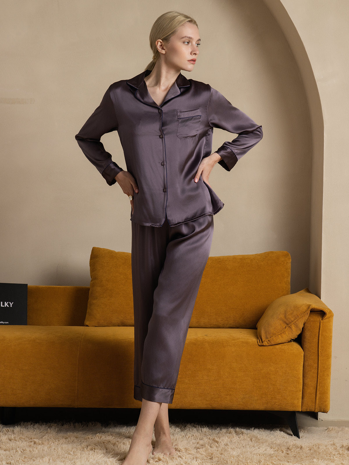 Conjunto de pijama clásico largo para mujer 100 % seda de morera