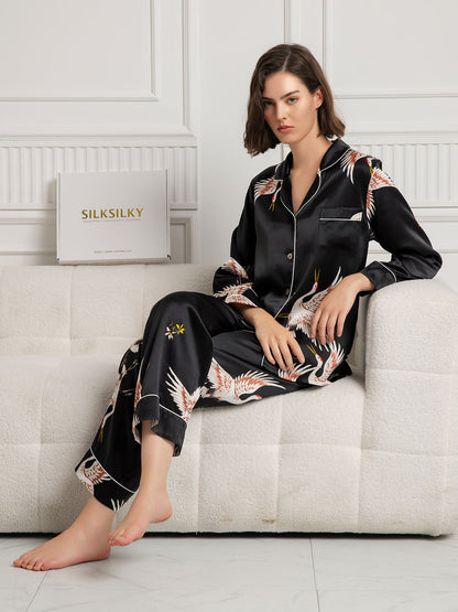 Conjunto de pijama para mujer con ribete clásico estampado de seda pura