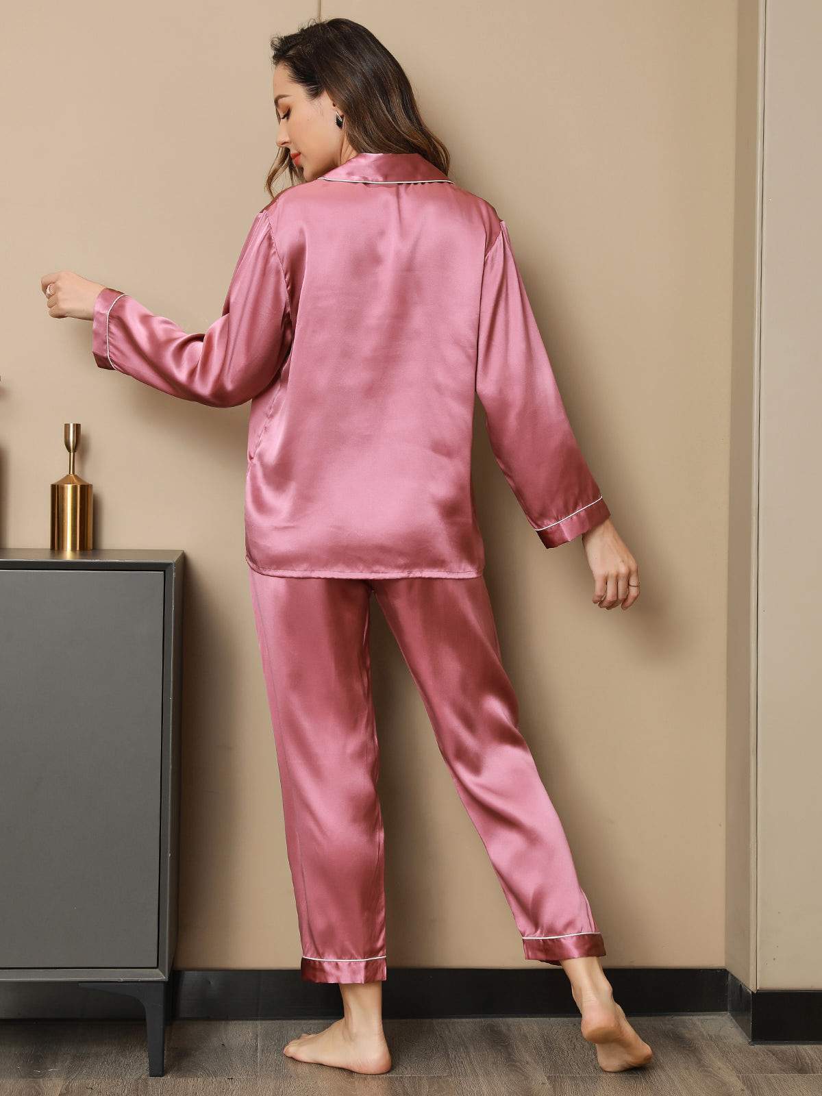 Conjunto de pijama clásico largo para mujer 100 % seda de morera