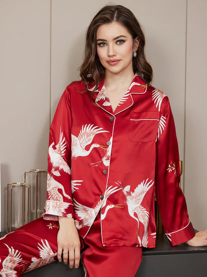 Conjunto de pijama para mujer con ribete clásico estampado de seda pura