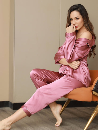 Conjunto de pijama clásico largo para mujer 100 % seda de morera