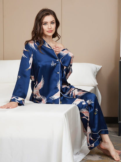 Conjunto de pijama para mujer con ribete clásico estampado de seda pura
