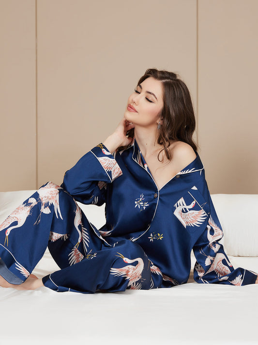 Conjunto de pijama para mujer con ribete clásico estampado de seda pura